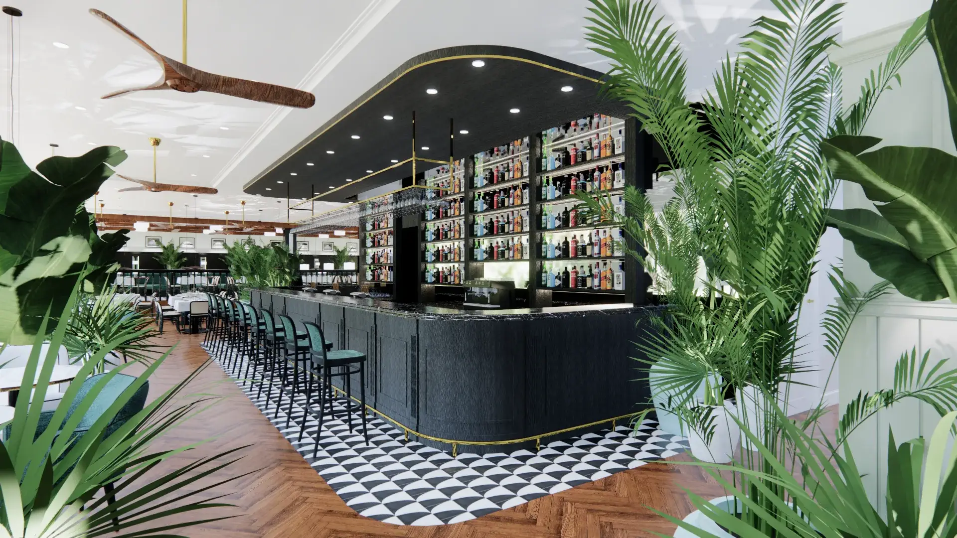 Wizualizacja: bar z ciemną zabudową i czarno-białą posadzką